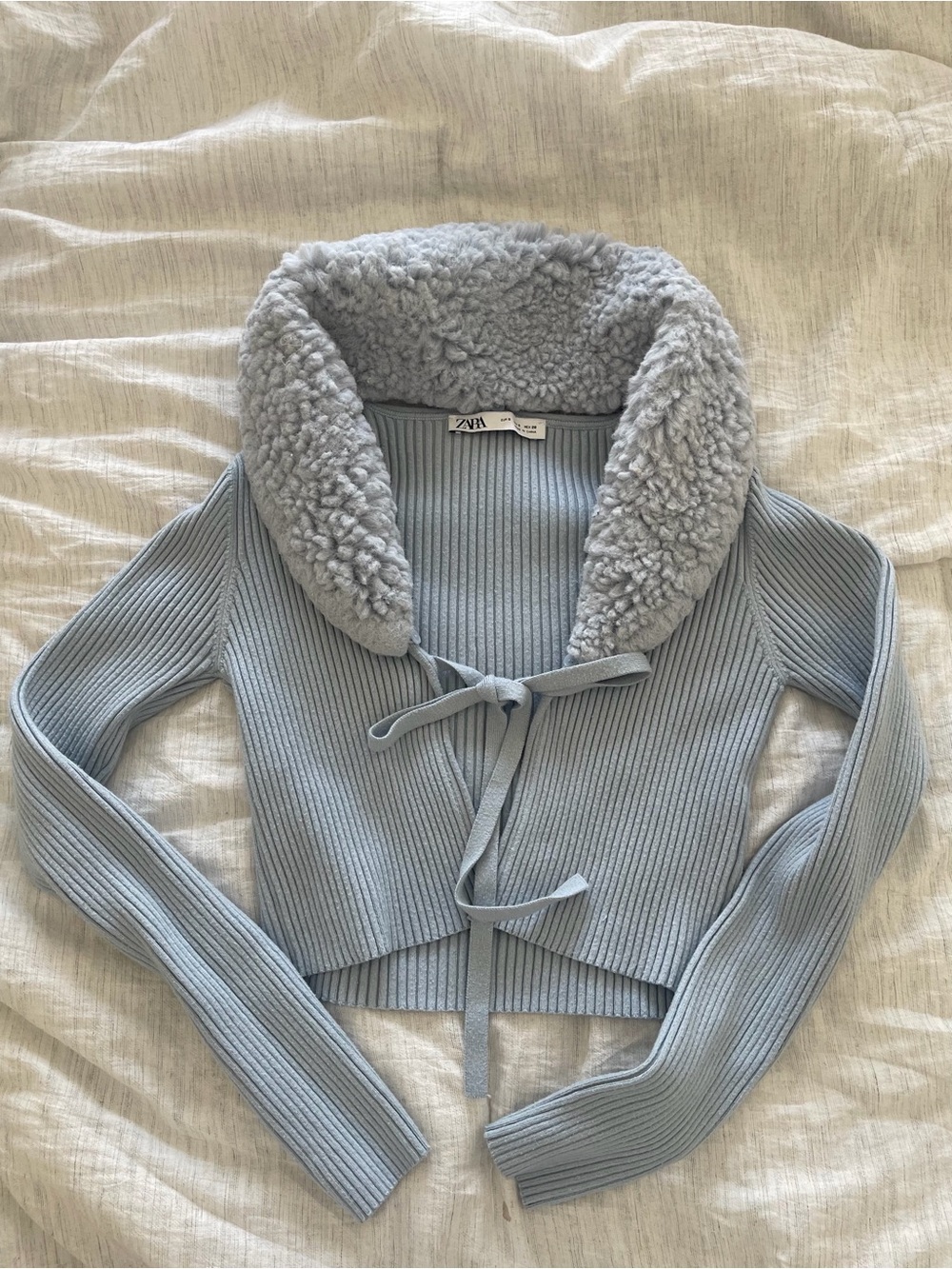 Zara Pale Blue Ribbed Tie-Front Sweater with Plush Collar - Picture 1 of 2